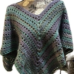Elegant Green and Purple Crochet Poncho
